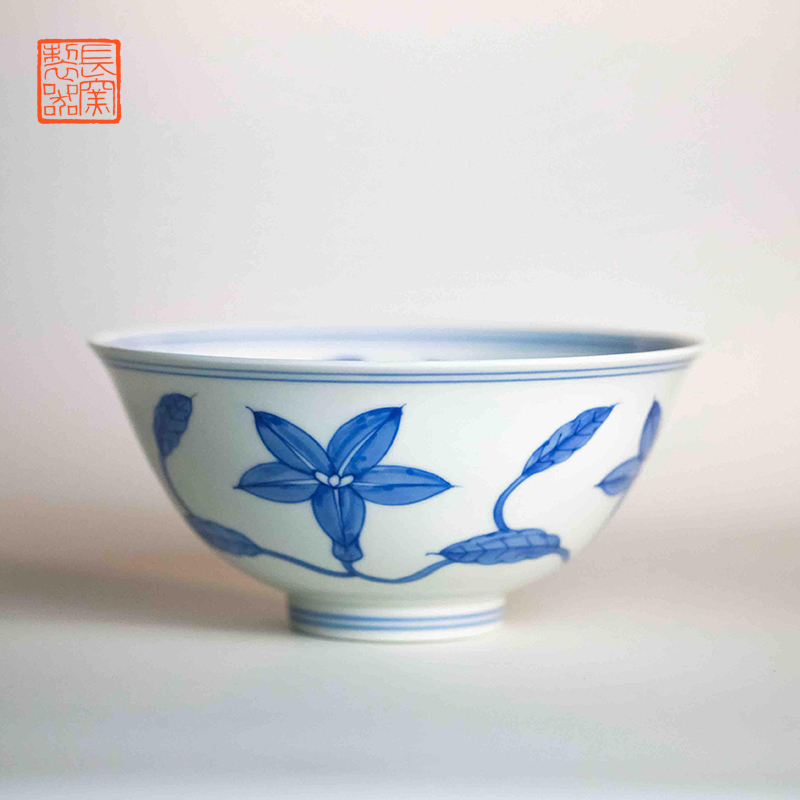 Long Kiln-Made Imitation Ming Chenghua Blue and White Gourd Pattern Gardenia Pattern Palace Bowl Jingdezhen Handmade Ceramic Tableware Bowl