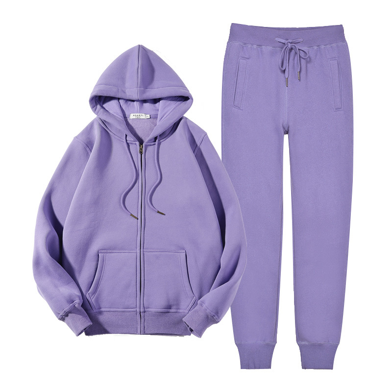 Autumn and Winter Zipper Cardigan Sweatshirt for Women, Thin Hooded Casual Suit, Korean Style Loose Fleece-Lined Sportswear Two-Piece Set