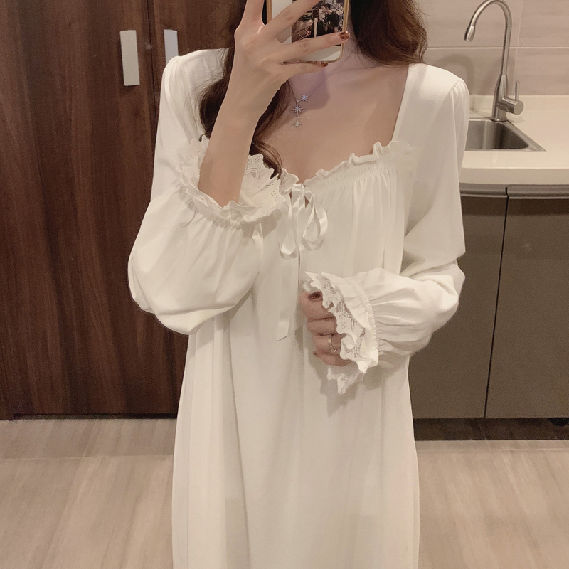 2026 Sexy Pure Cotton Pajamas for Women, Spring and Autumn French Retro Palace Style Long-Sleeved Loose Nightdress, Can Be Worn Outside, Trendy Loungewear