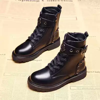 Short boots English wind Martin boots autumn and winter flat bottom plus cotton locomotive Martin boots rivets Joker Korean student winter boots