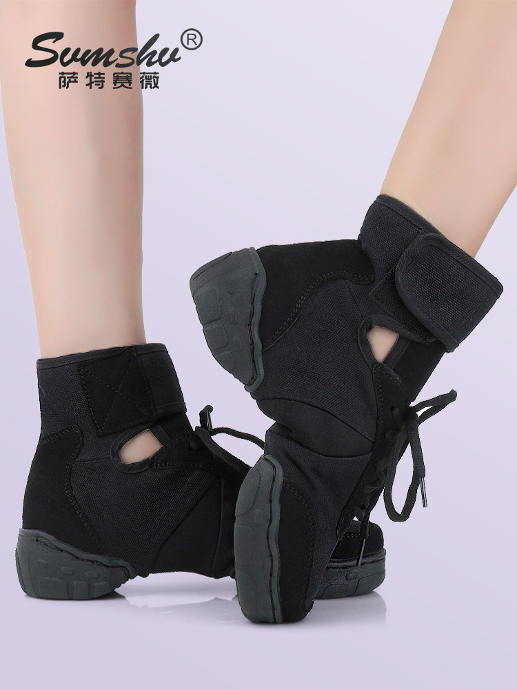 Dance dance shoes adult high tube soft soles practice black canvas jazz modern square dance shoes outer wear