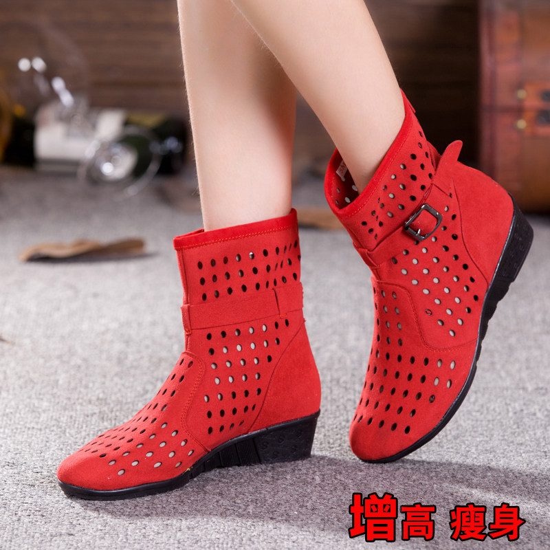 Red short boot heel Slope heel Bull Leather Cave Shoes Hollowed-out Boots Woman Soft Bottom Square Dance Shoes Dancing Shoes Summer