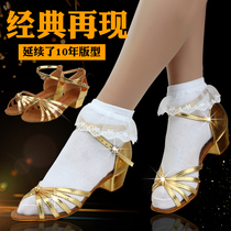  Childrens female Latin dance shoes Girls girls childrens golden soft-soled high-heeled knotted dance dance shoes Summer sandals