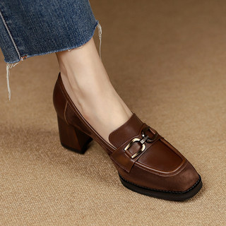 真皮高跟乐福鞋女2026新款法式复古金属扣方头粗跟单鞋通勤小皮鞋