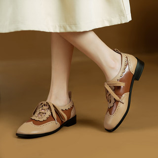 真皮方头低跟单鞋女2026年春秋新款复古雕花布洛克女鞋系带小皮鞋