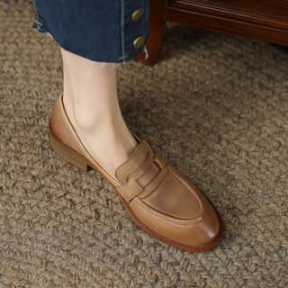 真皮复古一脚蹬乐福鞋女百搭圆头粗跟深口单鞋女软皮英伦风小皮鞋