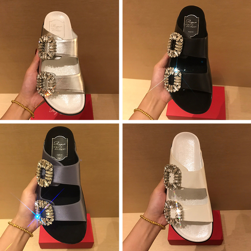 Summer 2025 Women's Birkenstock-Style White Leather Non-Slip Flat Beach Rv Slippers with Silk Double Rhinestone Buckle