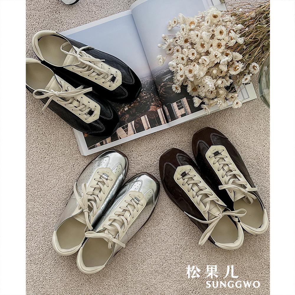 松果儿  松果儿】复古棕色德训鞋女2025新款拼色真皮运动休闲鞋阿甘单鞋