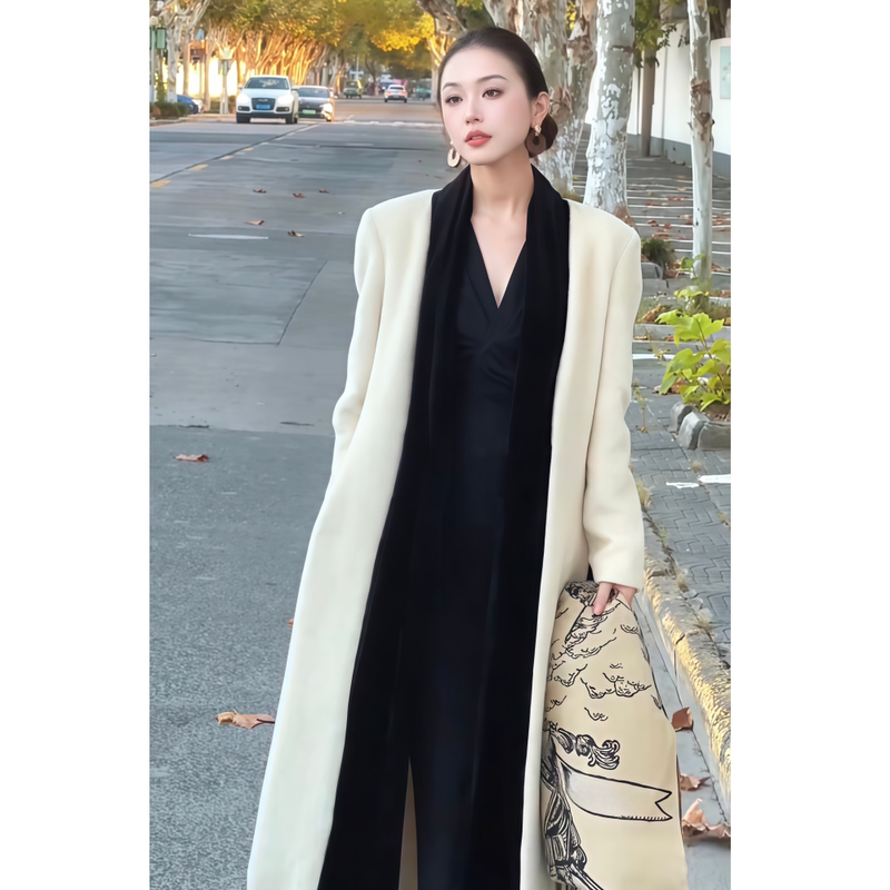 2026 Autumn New Korean Style Elegant Lady Color-Block Collar Long Warm Design Woolen Loose Coat Women's Clothing