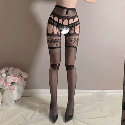 Black fishing net stockings for women, hollowed-out silk stockings, trendy black silk, hollowed-out high-waisted embroidery