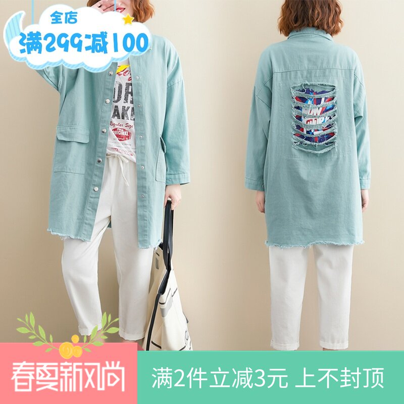 2022 new pregnant woman spring dress Long sleeves Broken Hole Printed Shirt With Long Version Loose Denim Cardio-shirt Boomer