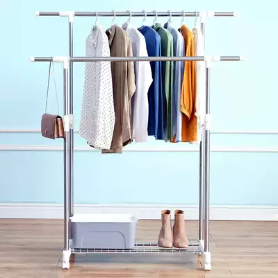 Double pole drying rack floor-to-ceiling stainless steel folding indoor simple hanger household balcony mobile cool hanger drying rack