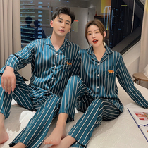 Couple pajamas womens spring and autumn ice silk long-sleeved wedding two-piece suit mens thin section Zhang Yixing same style home service