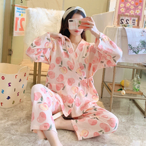 Womens pajamas spring and autumn pure cotton long-sleeved 2022 new Japanese kimono Internet celebrity two-piece suit home service