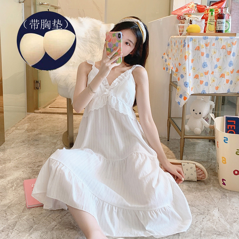Nightdress women's summer cotton thin pajamas 2021 new style with chest pad pregnant women princess style palace style home clothes - Taobao