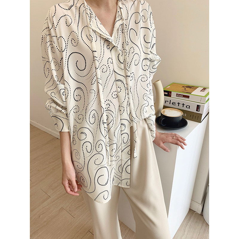 Abstract designer printed long sleeve loose shirt of MUCCHIC import guest for real silk Jianhong without bump