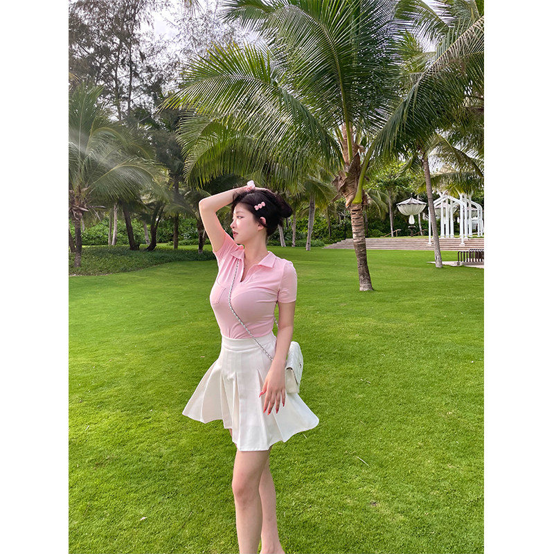 Zhou Baizi FORYOU 2023 new polo collar small open collar big code pure color short sleeve T-shirt blouse slim and thin 