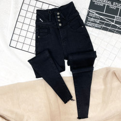 Super high-waisted buttoned plus thin velvet jeans for women spring and autumn 2024 new slimming and lengthening belly-control tight-fitting pants