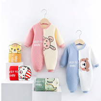 Autumn and winter thickened baby Mandarin duck warm jumpsuit newborn newborn baby Ha yi cotton three-layer silk crawling suit