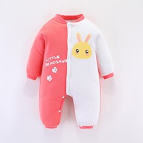 Newborn baby Mandarin duck jumpsuit spring and autumn long sleeves plus cotton male and female babies single tooth clothing infant crawling suit
