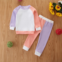 2021 baby color block Mandarin duck childrens 123 years old set boys and girls cotton long sleeves two-piece set baby autumn
