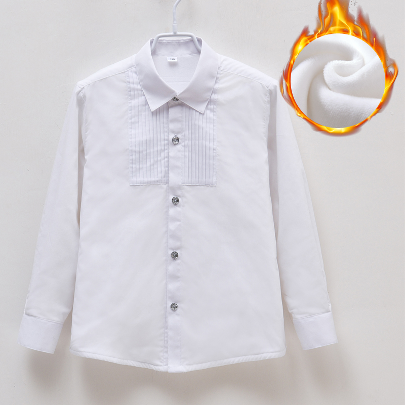 Autumn and winter new long-sleeved boys and girls plus velvet padded white shirt children's performance children's clothing children's shirt