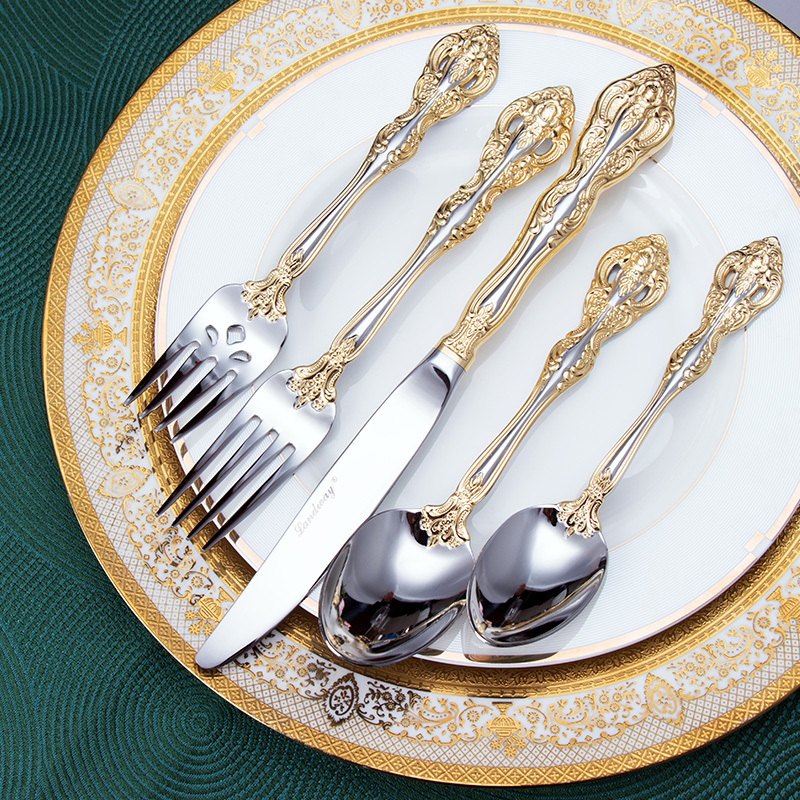 Langwei 304 Stainless Steel Western Cutlery Creative Michelangelo Gold-Plated Vintage Steak Knife, Fork, and Spoon Gift Set Langwei 304 Stainless Steel Western Cutlery Creative Michelangelo Gold-Plated Vintage Steak Knife, Fork, and Spoon Gift Set