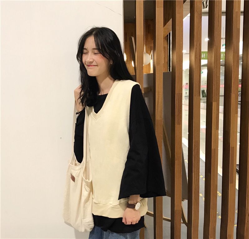 Đầu mùa thu mới của phụ nữ màu rắn lỏng lẻo Áo thun dài tay hoang dã + Áo cổ chữ V sinh viên hai mảnh áo thun tay lỡ
