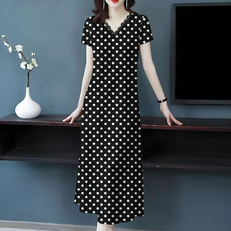 V-Neck Polka-Dot Short-Sleeved Dress for Women, Slim-Fitting, Stylish Printed Dress, Fashionable Outer Wear, Mid-Length Mother's Dress V-Neck Polka-Dot Short-Sleeved Dress for Women, Slim-Fitting, Stylish Printed Dress, Fashionable Outer Wear, Mid-Length Mother's Dress