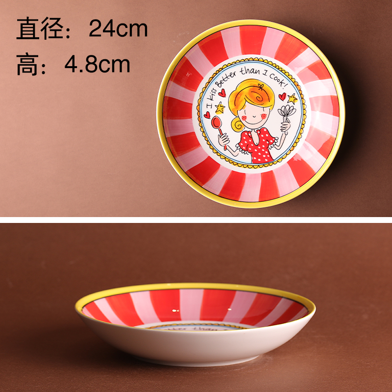 9 "Red Stripe Girl Salad BowlBLOND ceramics tableware fish dish Netherlands ma'am Cartoon Fruits plate Double ear pot Butter box petal salad bowl