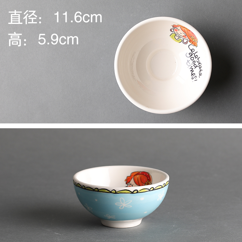 4.5-Inch Blue Flower Dot Short Hair Girl's Bowl & Colorful BrandBLOND Export Netherlands originality ceramics Noodle bowl Instant noodles bowl Soup bowl Dessert bowl Cartoon Rice bowl Ramen bowl tableware