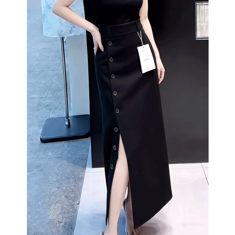 High-End Black Single-Breasted Slit Skirt for Women 2026 Summer New Casual Style High-Waisted Slimming Straight Skirt