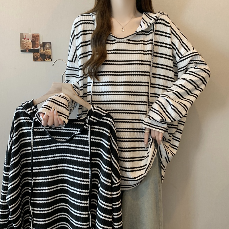 Striped Hooded Long-Sleeve T-Shirt for Plus-Size Women 150kg Plus-Size Women's Casual Spring and Autumn Lazy Style Loose Mid-Length Top Striped Hooded Long-Sleeve T-Shirt for Plus-Size Women 150kg Plus-Size Women's Casual Spring and Autumn Lazy Style Loose Mid-Length Top