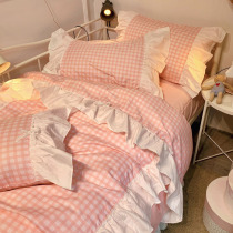 Korean princess style plaid cotton cotton bed four-piece girl heart lace lotus leaf lace quilt cover sheets