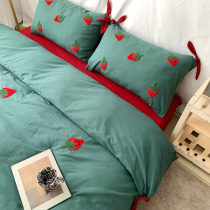 ins girl heart cotton four-piece wash cotton nude sleeping cotton quilt cover embroidered strawberry cute hipster sheets
