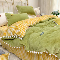 Candy hairball rabbit velvet quilt cover bed four-piece girl heart hipster winter flannel coral velvet sheets