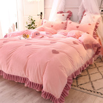 ins girl love crystal velvet bed skirt four-piece princess style winter warm flange coral velvet bedding