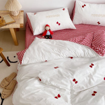 ins Wind Plaid control girl heart wash cotton four-piece embroidery bow cotton quilt cover sheets bedding