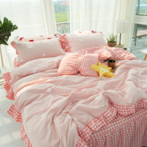 ins girl princess style pink plaid wash cotton four-piece cotton lotus leaf lace cotton quilt cover bed skirt 1 8m