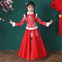  Hanfu girls autumn and winter Chinese style Tang costume New Years eve suit Baby daughter childrens ancient costume Super fairy plus velvet winter skirt dress