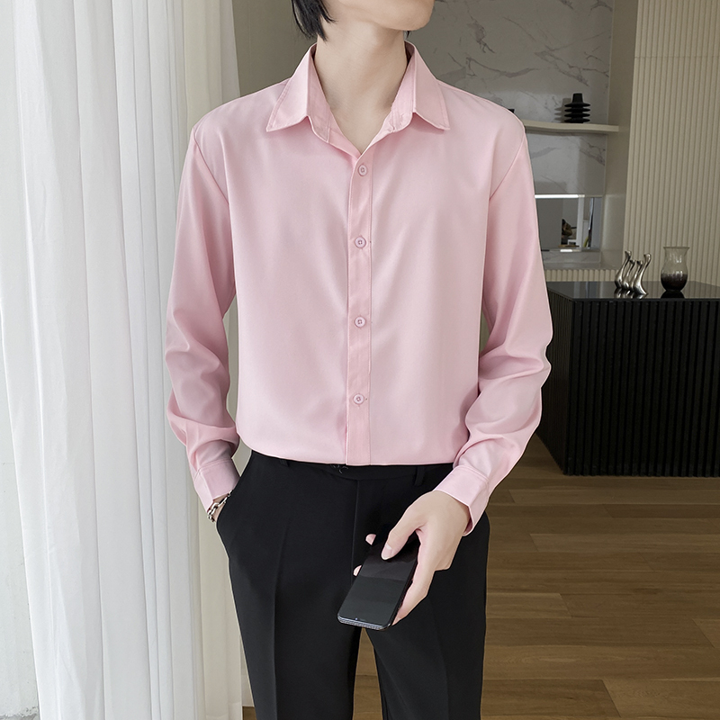 Large Size Business Casual Long-Sleeved Shirt for Men, Korean Style Slim Fit Wedding Groom and Groomsman Pink Shirt with Drapey Anti-Wrinkle Properties