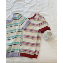 missqiuqiu autumn home made good wear thin knitted stripes white pullover low neck sweet sweater