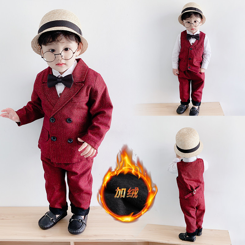 One-year-old baby suit winter flower girl wedding thickened handsome suit boys and children British handsome double-breasted dress