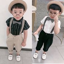 Boy short-sleeved suit handsome backpack pants summer flower boy suit childrens small host chorus dress