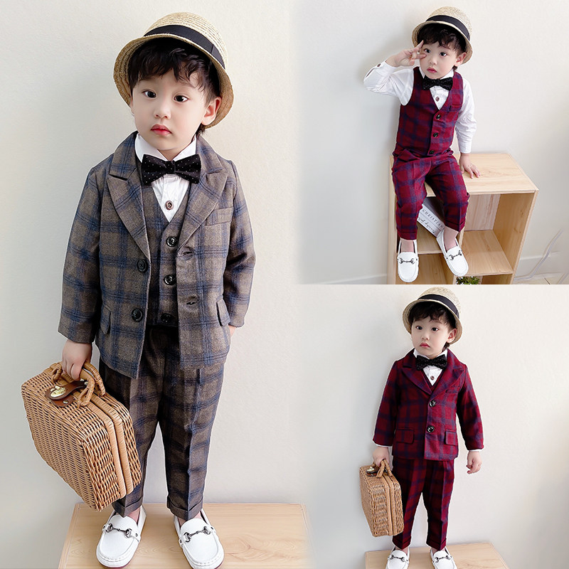Baby's week-year-old suit Inn grid Western suit boy flower boy waistcoat suit suit Spring and autumn boy gown