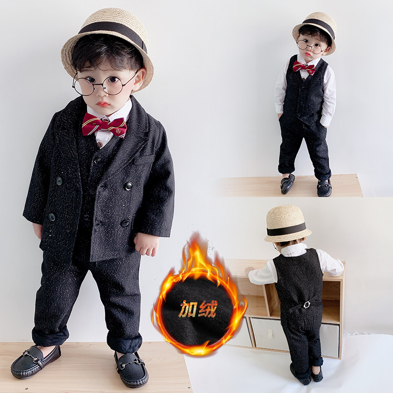 Boys' one-year-old dress, children's Western style suit, winter style, plus velvet, wedding flower girl, double-breasted suit, British style suit