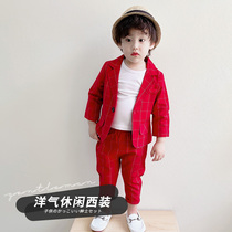 Boy Plaid Jacket Spring Autumn Children West Suit Casual Little Suit Korean Version Birthday Gown Flower Gown