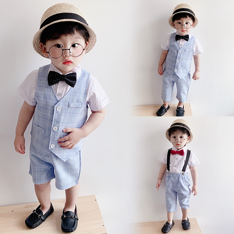 Handsome boy gown Summer new small suit Baby Birthday Wedding Flowers Children West Suit Cuddling Bag Pants Suit