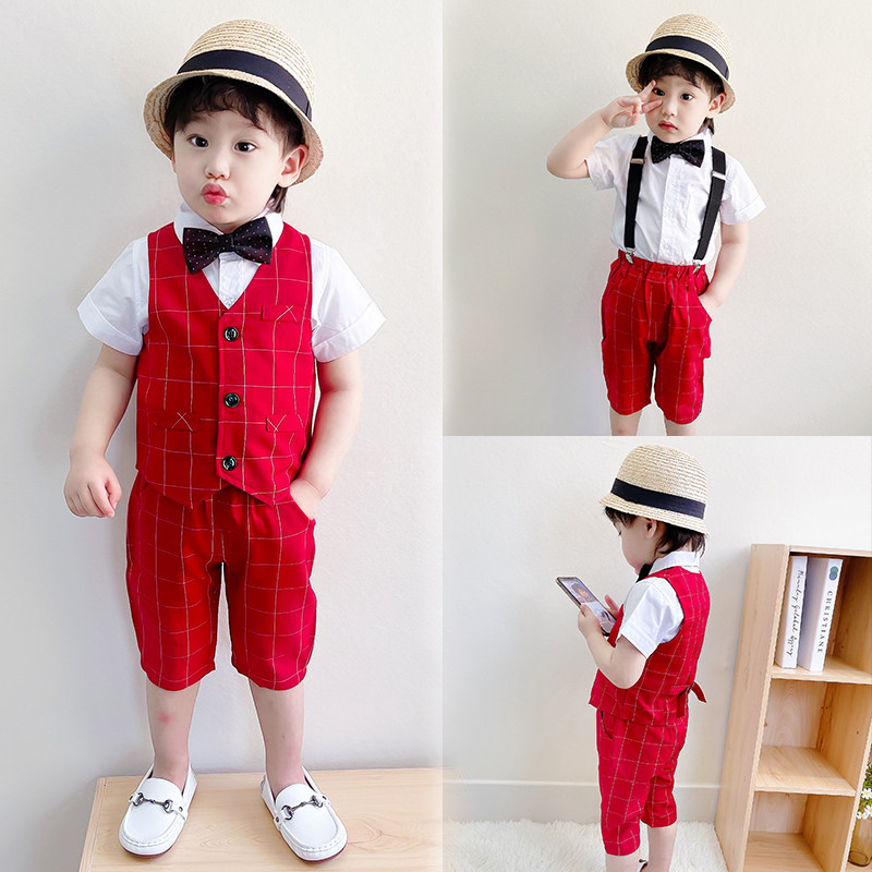 Baby's first birthday suit dress summer boy British style gentleman suit child wedding flower girl red tide