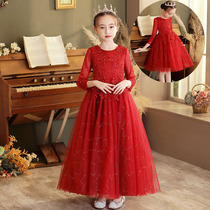 Big girl dress skirt winter and autumn show princess dress plus velvet birthday girl long skirt childrens red dress